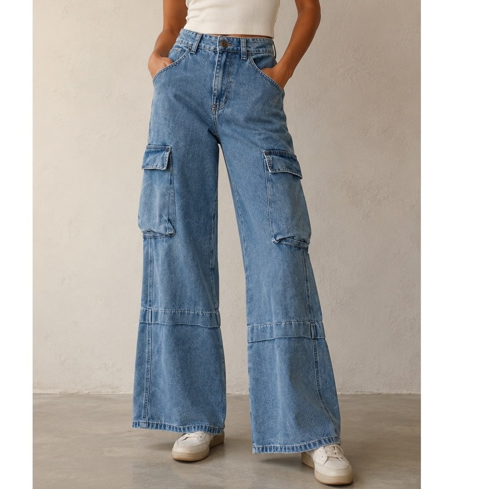 Cargo Jeans 8 High Rise Wide Leg Y2K Light Wash Grunge Baggy Urban Made by Zoe